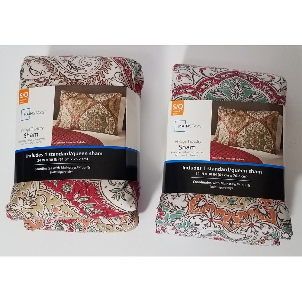 2-Mainstays Vintage Tapestry Pillow Shams‎ Standard Queen Quilted NEW